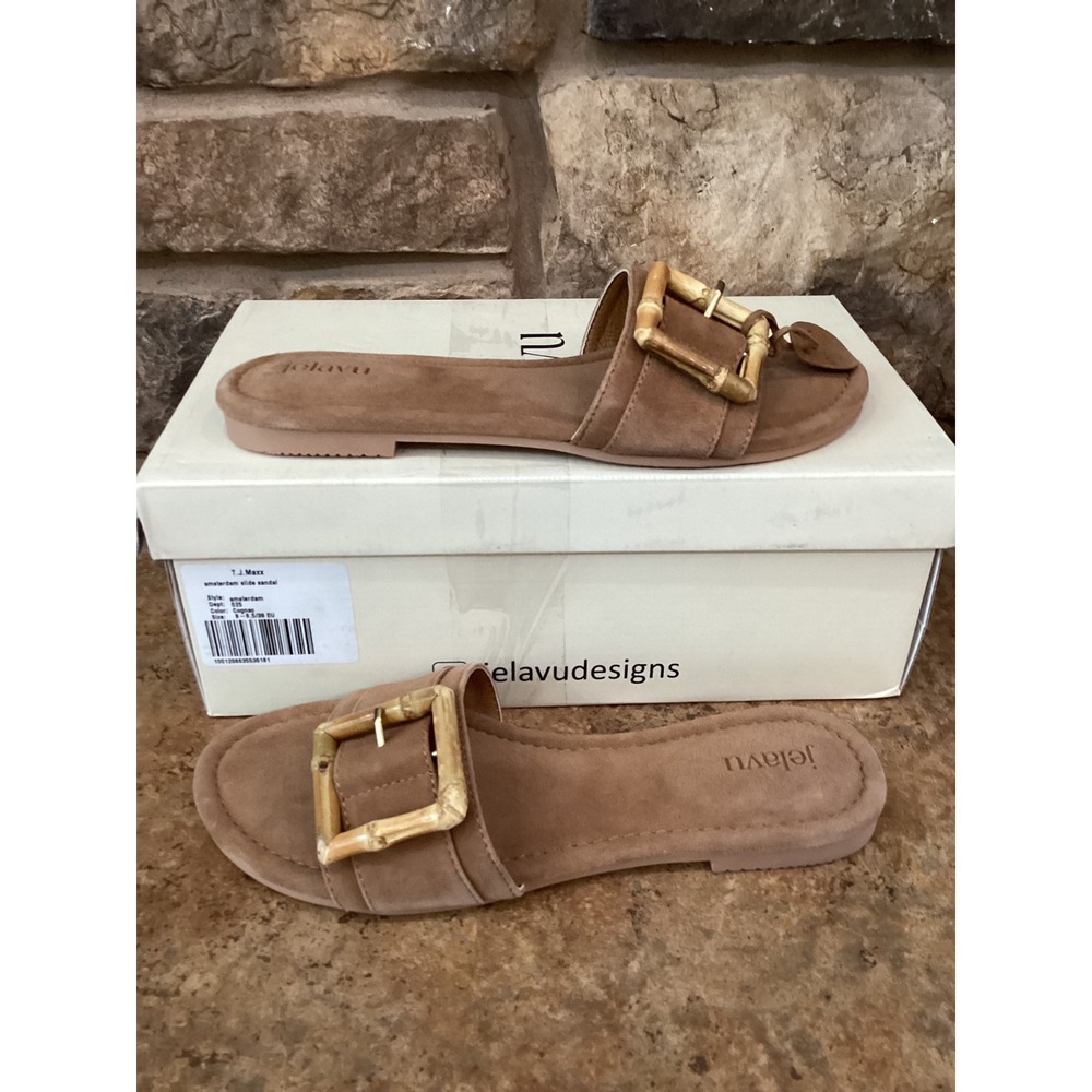 Jelavu Amsterdam Suede Slide Sandals Cognac Bamboo Buckle US 8-8.5 EU 39 NEW